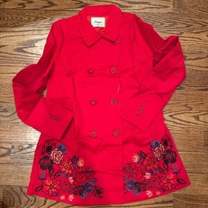 Desigual Red Embroidered Double Breasted Coat, NWOT, 38